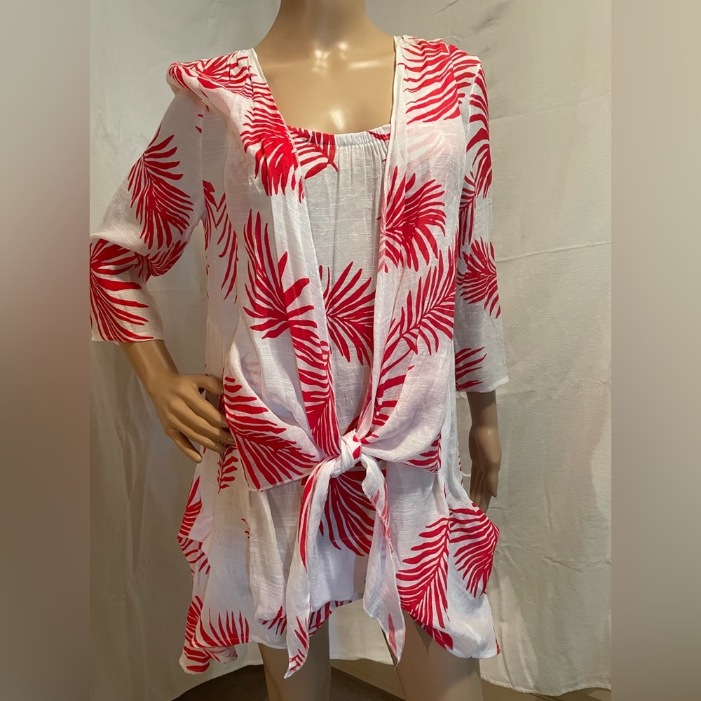 Christine Phillipe Red and White Tropical Swim Coverup Size M